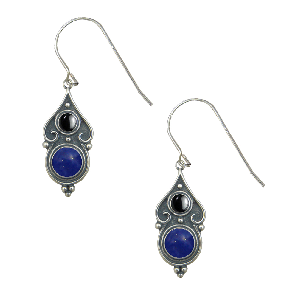 Sterling Silver Designer Post Stud Earrings With Lapis Lazuli And Hematite